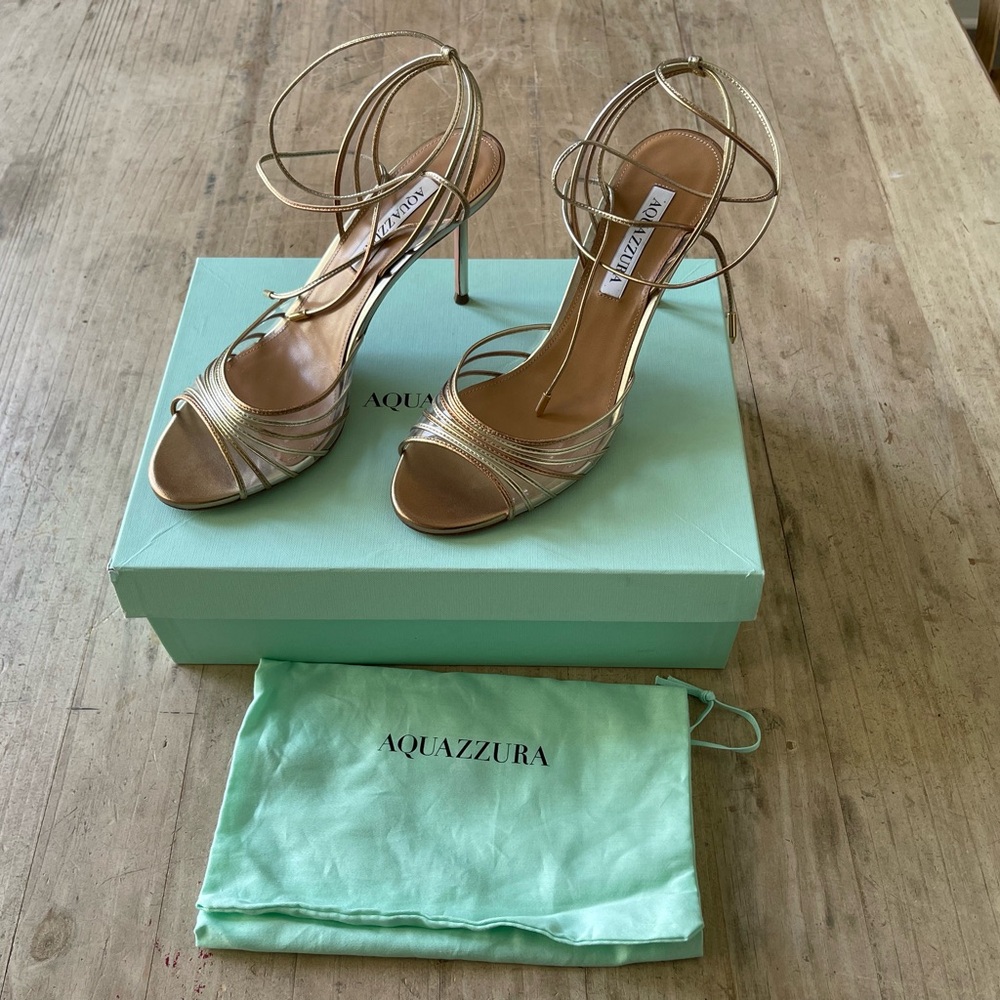 Aquazzura Call Me 85 Leather and PVC sandal in Gold, NWB, SZ 39 - Picture 4 of 16